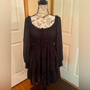 Blu Pepper - little black dress with sheer sleeves has gold star detailing small